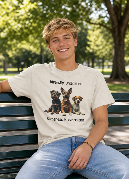A young man is wearing cream-colored short-sleeve t-shirt with a graphic print of three dogs and the text 'Diversity, Unleashed' and 'Sameness is overrated'.