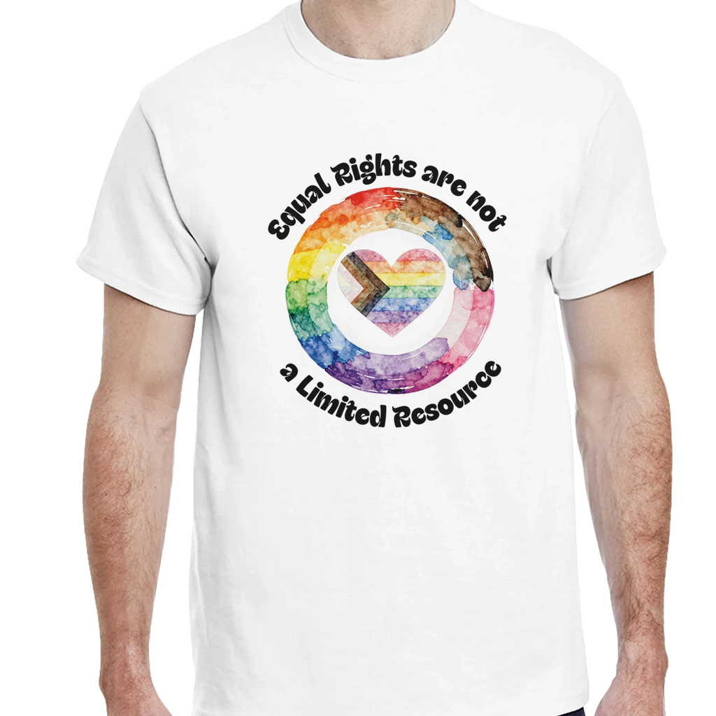 A man wearing a t-shirt that states, "Equal Rights are not a Limited Resource" with a watercolor styled circle and a Progress Pride heart.