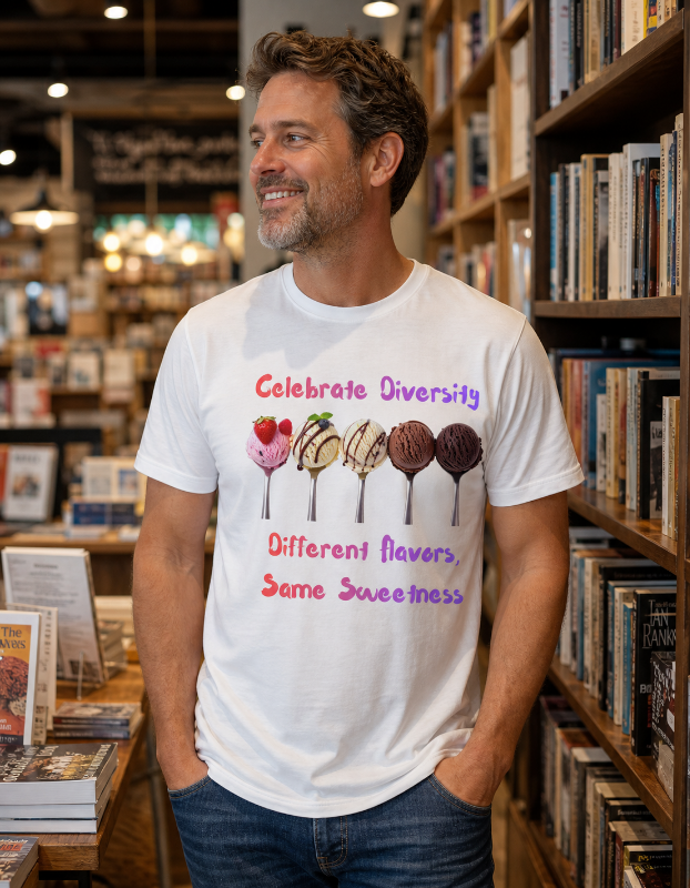 A man is wearing a white short-sleeve crewneck t-shirt featuring a colorful graphic on the chest. The graphic displays five difference ice cream scoops on spoons (strawberry, vanilla with chocolate drizzle, caramel drizzle, chocolate and dark chocolate flavors). chocolate milk, caramel drizzle, chocolate, and vanilla ice cream) The top of the shirt states Celebrate Diversity and 'Different Flavors, Same Sweetness' below in a purple gradient font