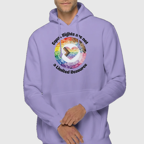 Lavender hoodie that states, "Equal Rights are not a Limited Resource" with a watercolor styled circle outside a Progress Pride heart.