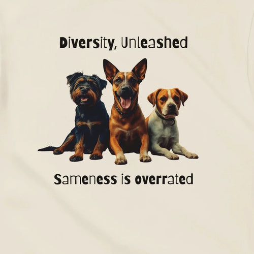 A cream-colored short-sleeve t-shirt with a graphic print of three dogs and the text 'Diversity, Unleashed' and 'Sameness is overrated'.