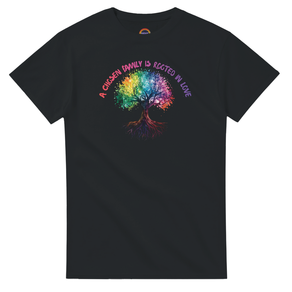 A black t-shirt featuring a colorful graphic of a tree with a rainbow-colored canopy and roots, with the text 'A Chosen Family is Rooted in Love' arched above it in pink and purple lettering.