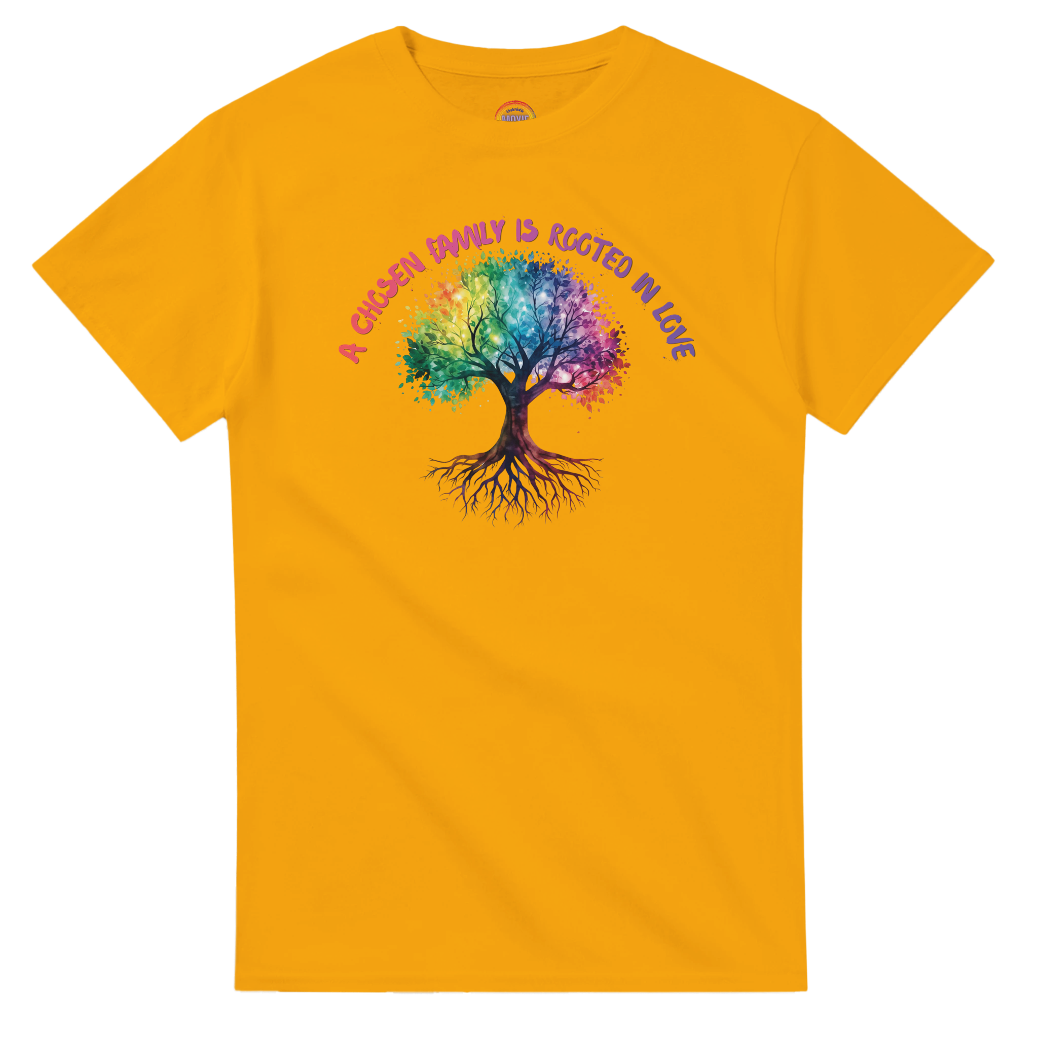 A daisy yellow t-shirt featuring a colorful graphic of a tree with a rainbow-colored canopy and roots, with the text 'A Chosen Family is Rooted in Love' arched above it in pink and purple lettering.