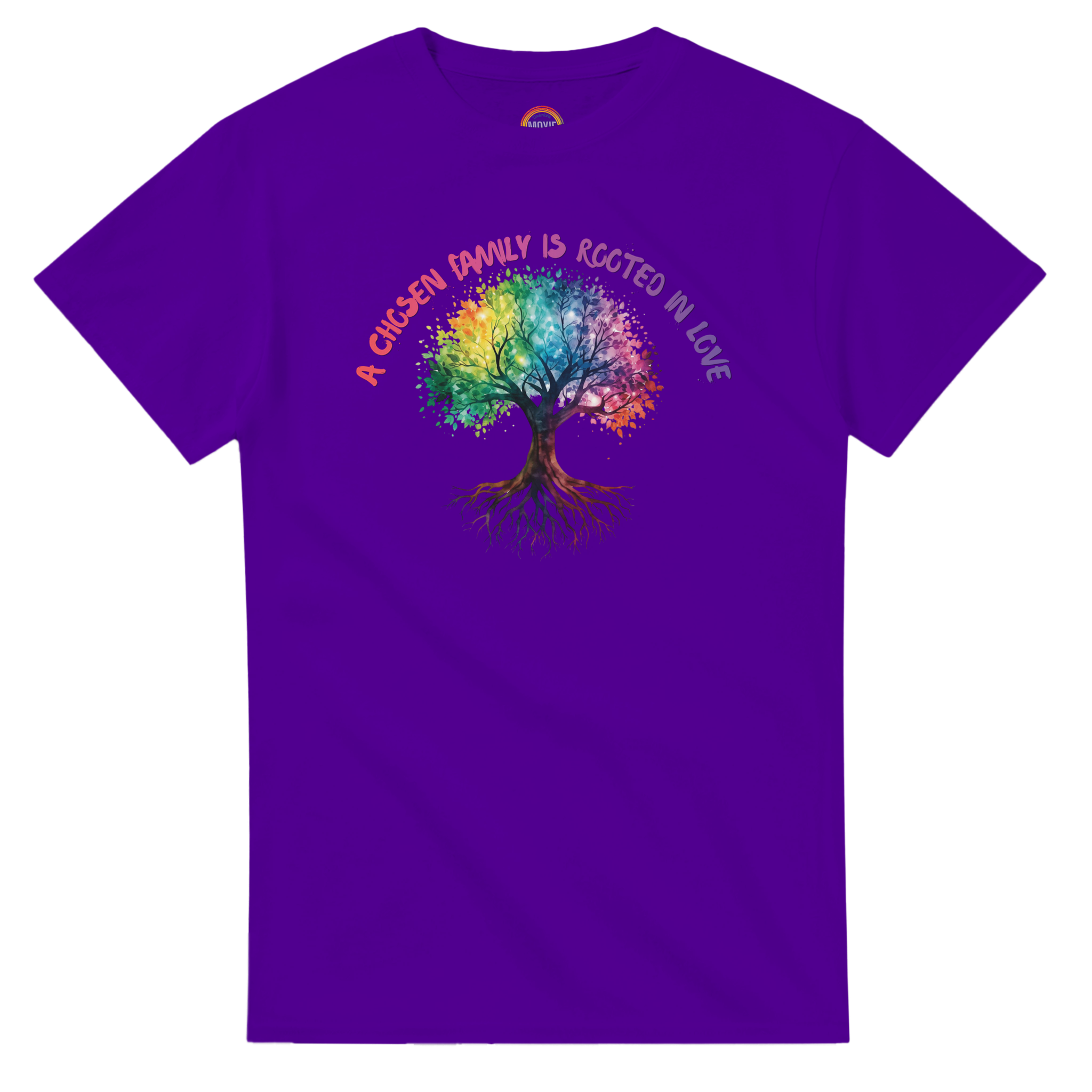 A purple t-shirt featuring a colorful graphic of a tree with a rainbow-colored canopy and roots, with the text 'A Chosen Family is Rooted in Love' arched above it in pink and purple lettering.