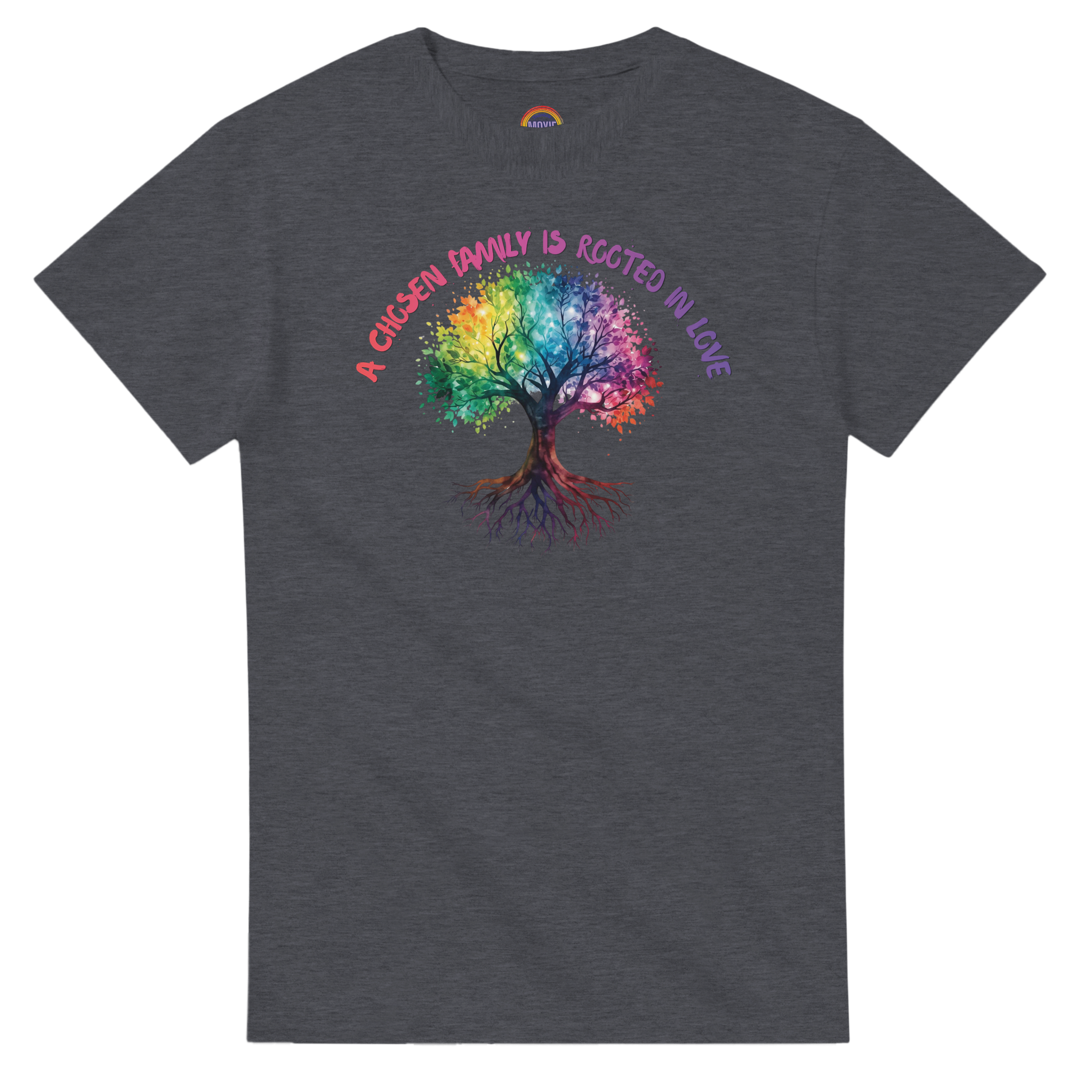 A graphite heather t-shirt featuring a colorful graphic of a tree with a rainbow-colored canopy and roots, with the text 'A Chosen Family is Rooted in Love' arched above it in pink and purple lettering.