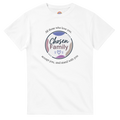White short-sleeve t-shirt with a Chosen Family graphic on the chest, "All those who love you, accept you, and stand with you"