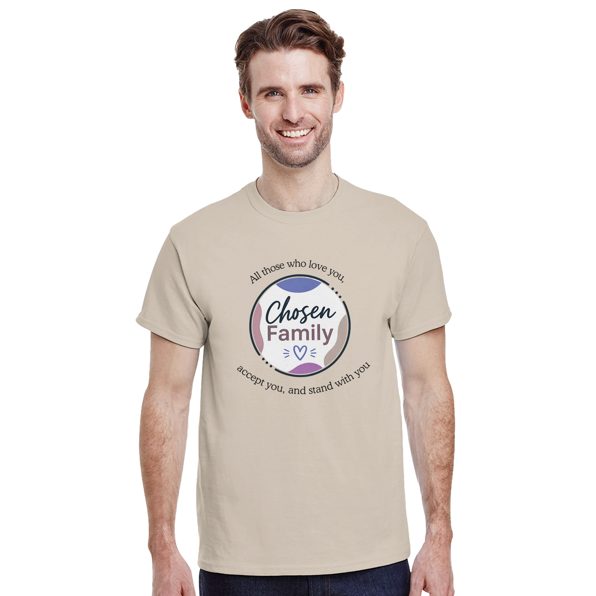 Man wearing a sand colored crewneck t-shirt with a 'Chosen Family' graphic on the chest, against a solid white background.