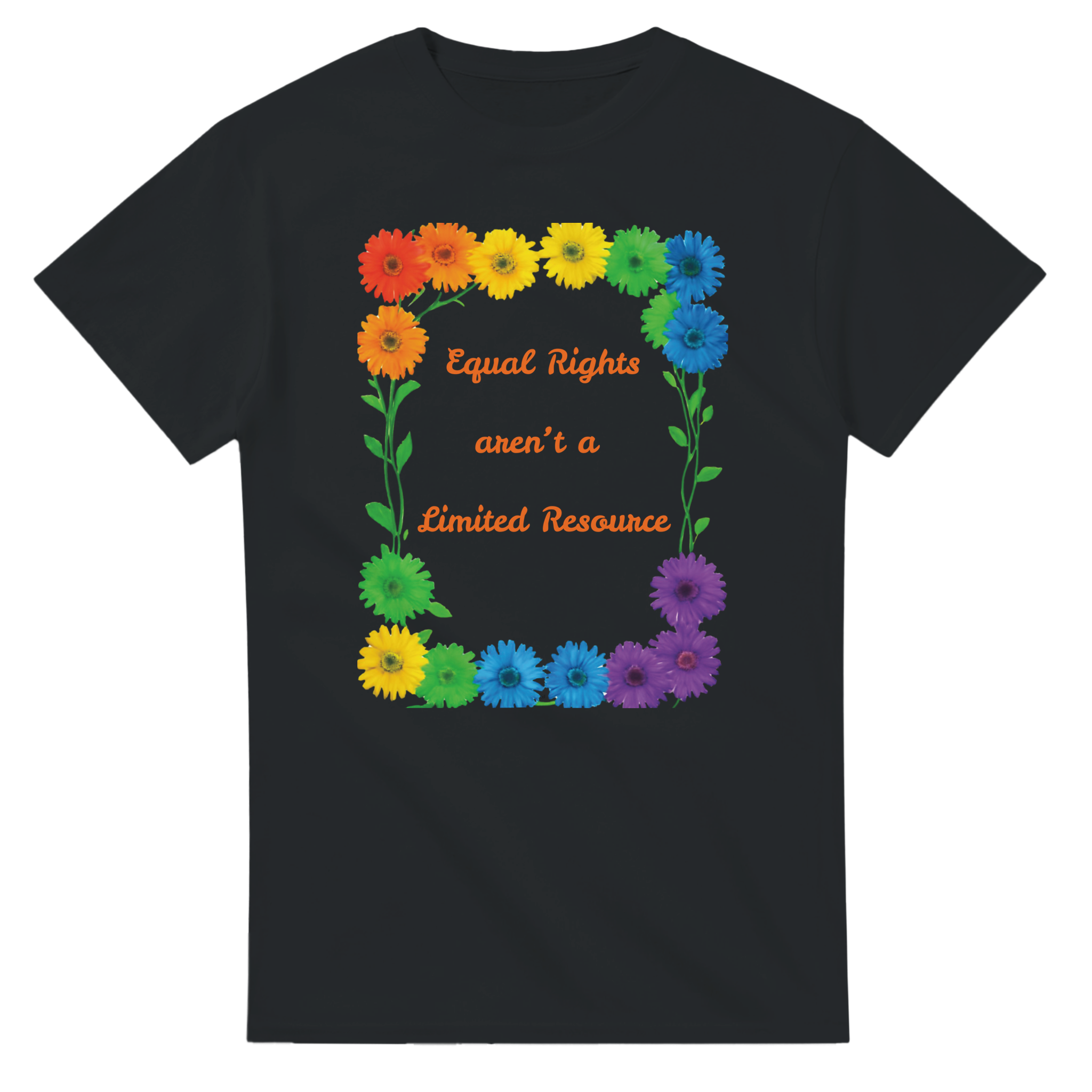 A black tee featuring a colorful graphic design of rainbow daisies in a square border with the text 'Equal Rights aren't a Limited Resource' in orange script.