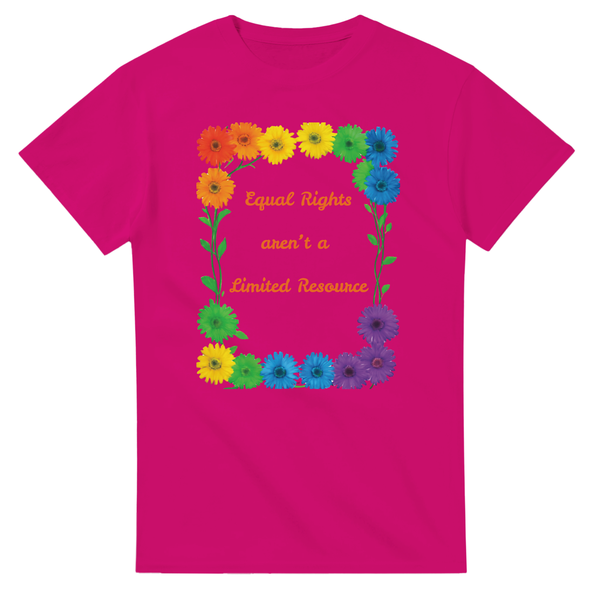 A bright pink tee featuring a colorful graphic design of rainbow daisies in a square border with the text 'Equal Rights aren't a Limited Resource' in orange script.