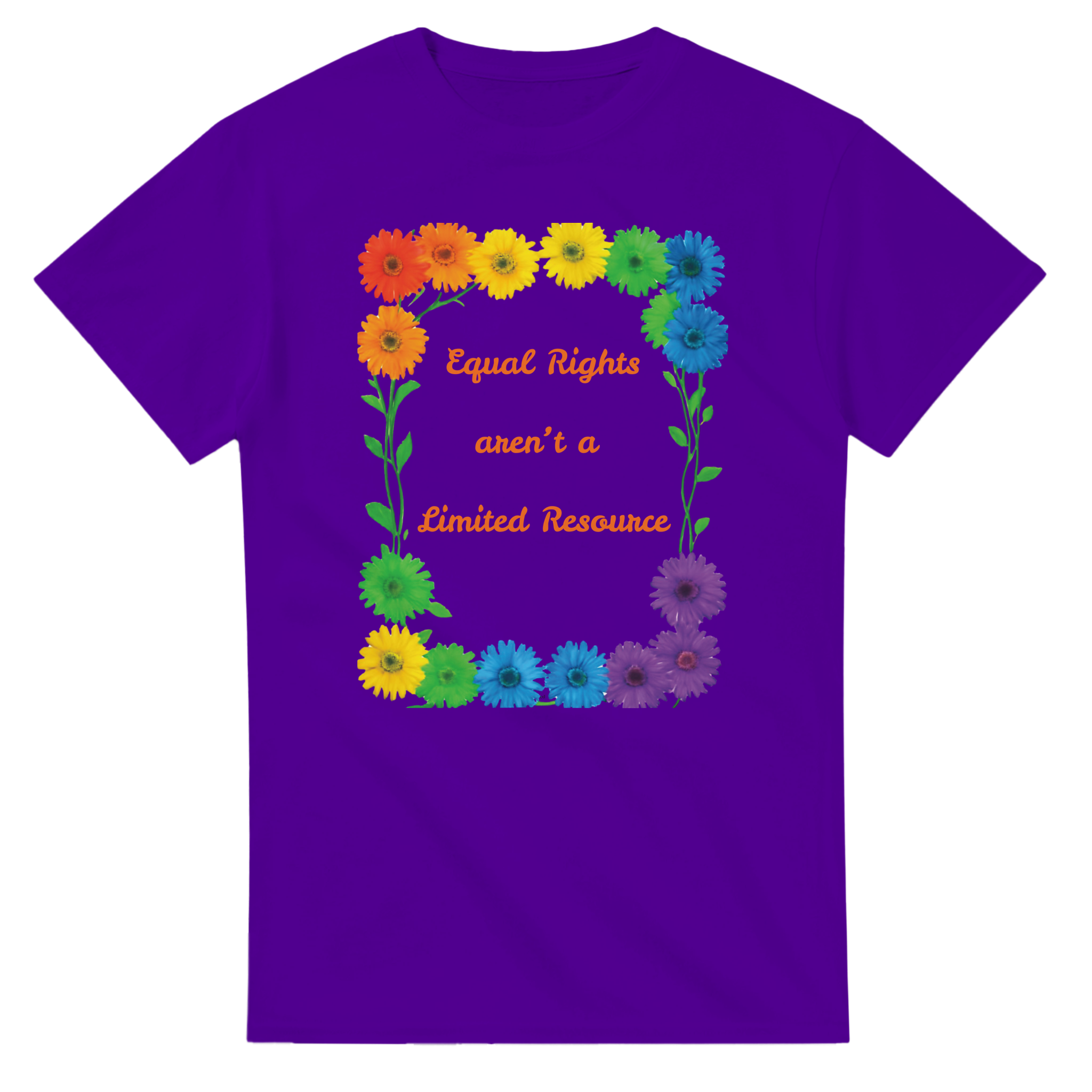 A purple tee featuring a colorful graphic design of rainbow daisies in a square border with the text 'Equal Rights aren't a Limited Resource' in orange script.