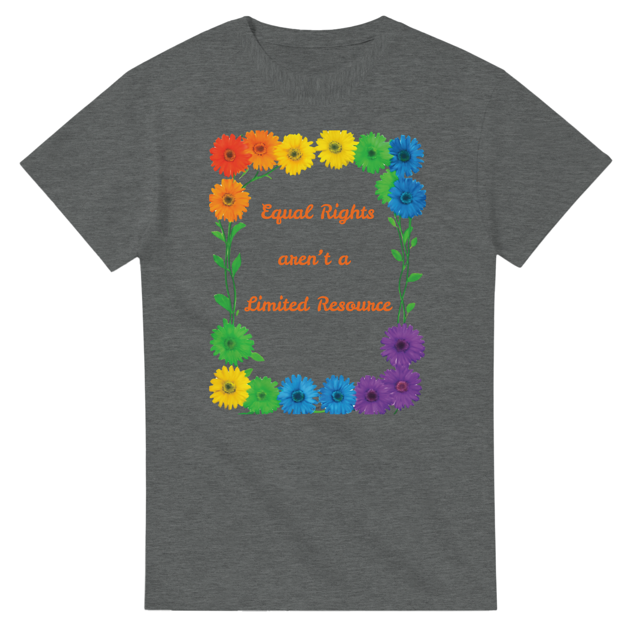 A graphite heather tee featuring a colorful graphic design of rainbow daisies in a square border with the text 'Equal Rights aren't a Limited Resource' in orange script.