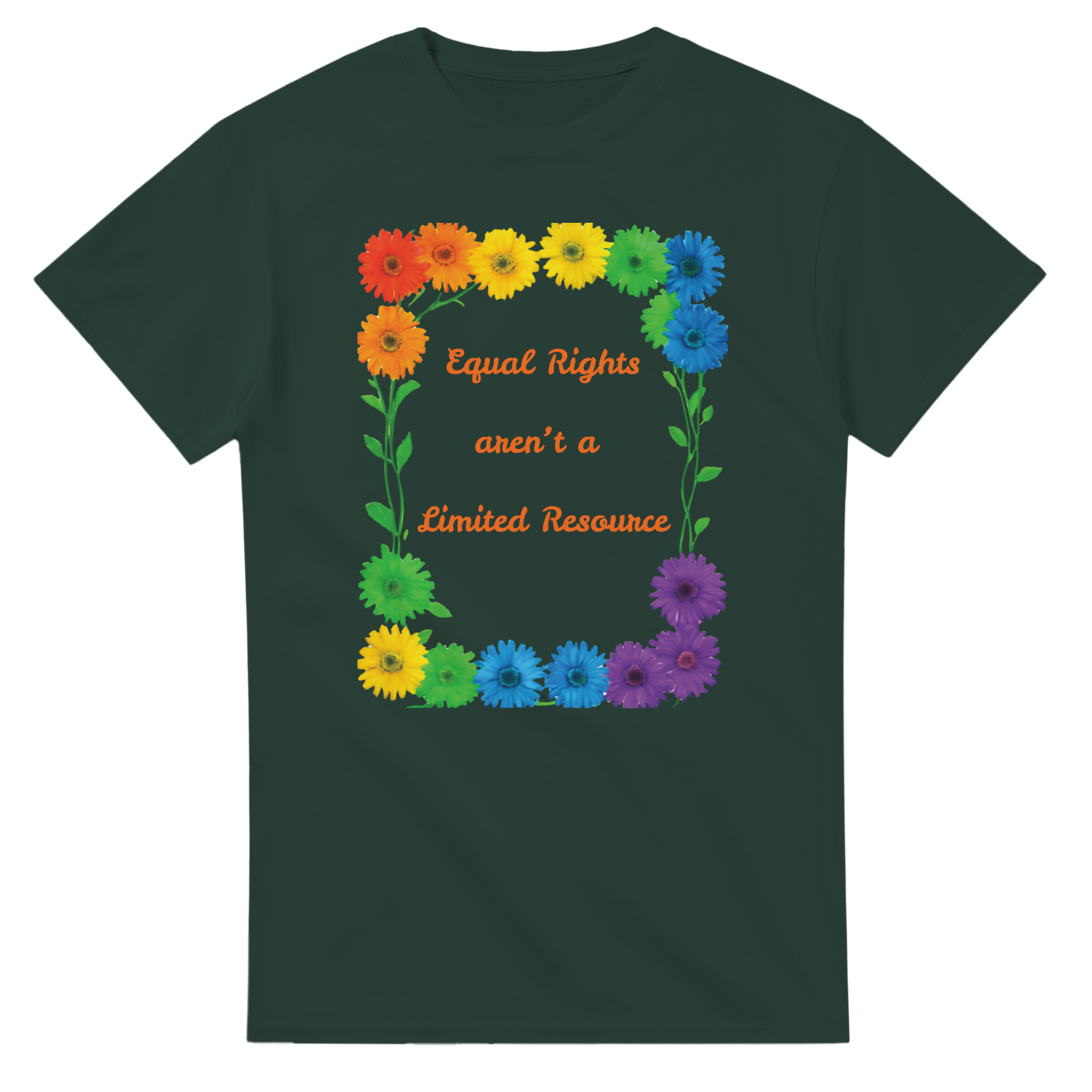 A military green tee featuring a colorful graphic design of rainbow daisies in a square border with the text 'Equal Rights aren't a Limited Resource' in orange script.