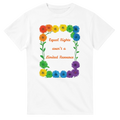 A white tee featuring a colorful graphic design of rainbow daisies in a square border with the text 'Equal Rights aren't a Limited Resource' in orange script.