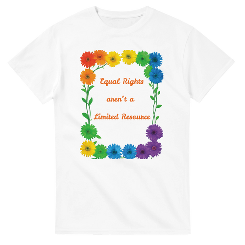A white tee featuring a colorful graphic design of rainbow daisies in a square border with the text 'Equal Rights aren't a Limited Resource' in orange script.