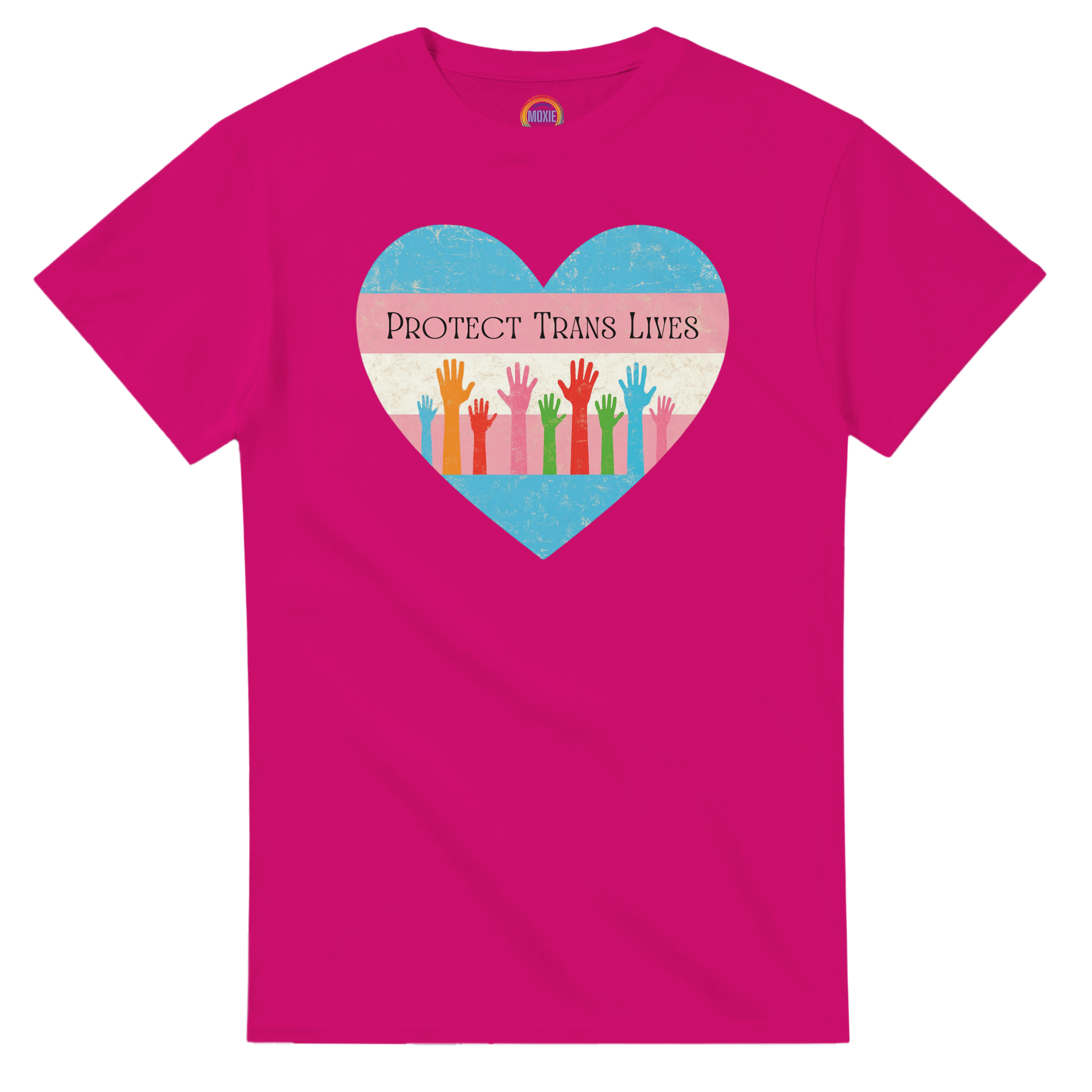 A graphic print on an azalea colored tee featuring a distressed heart design with the text 'PROTECT TRANS LIVES' and colorful raised hands in a transgender pride flag color scheme.