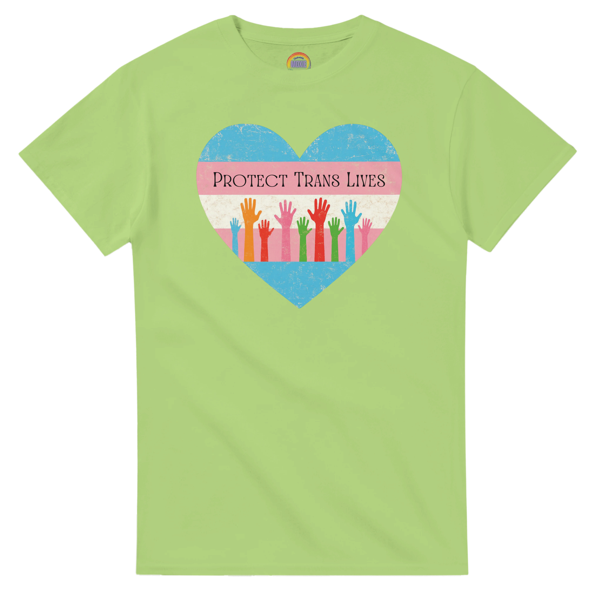 A graphic print on a kiwi tee featuring a distressed heart design with the text 'PROTECT TRANS LIVES' and colorful raised hands in a transgender pride flag color scheme.