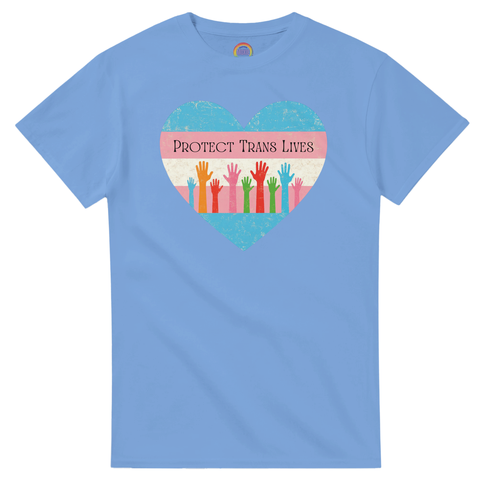 A graphic print on a light blue tee featuring a distressed heart design with the text 'PROTECT TRANS LIVES' and colorful raised hands in a transgender pride flag color scheme.