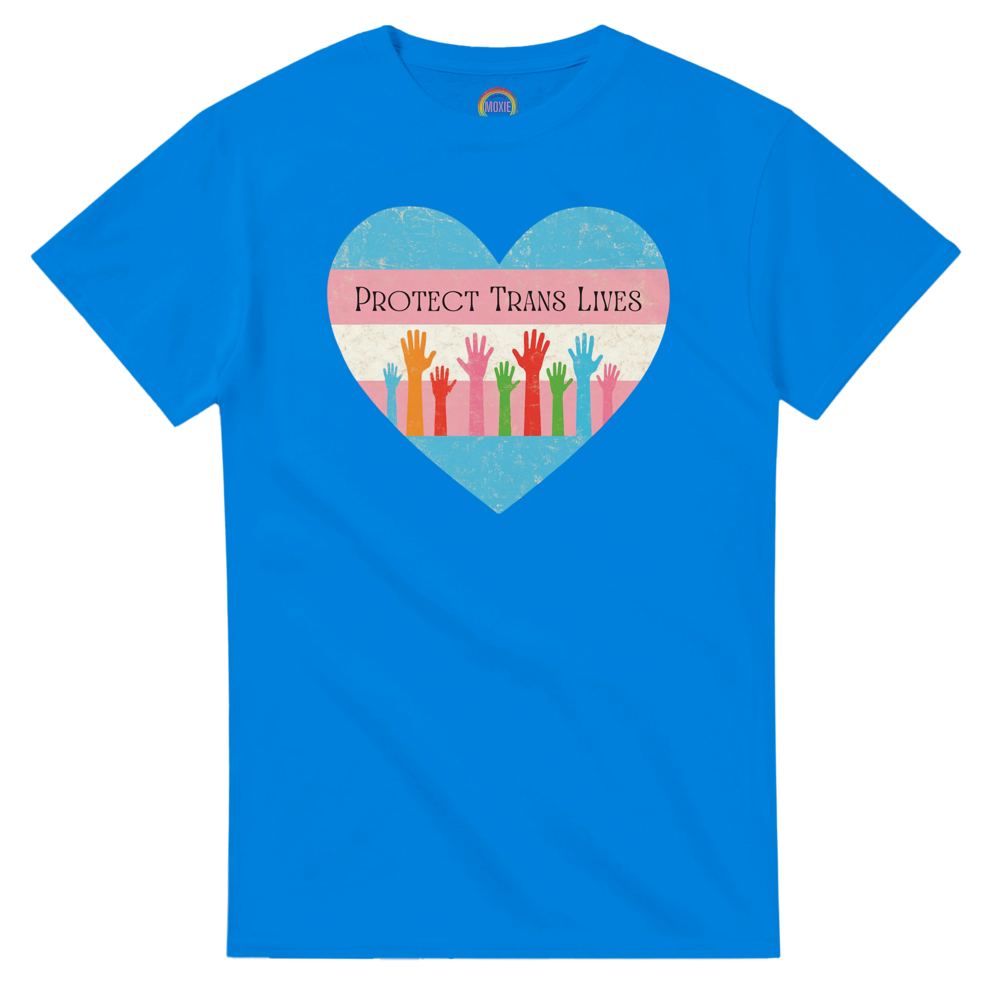 A graphic print on a royal blue tee featuring a distressed heart design with the text 'PROTECT TRANS LIVES' and colorful raised hands in a transgender pride flag color scheme.