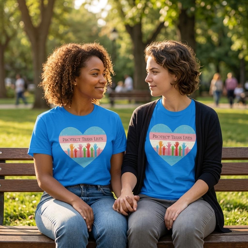 Two women sitting on a park bench wearing royal blue t-shirts with a heart design and the message Protect Trans Lives in the heart with raised hands.