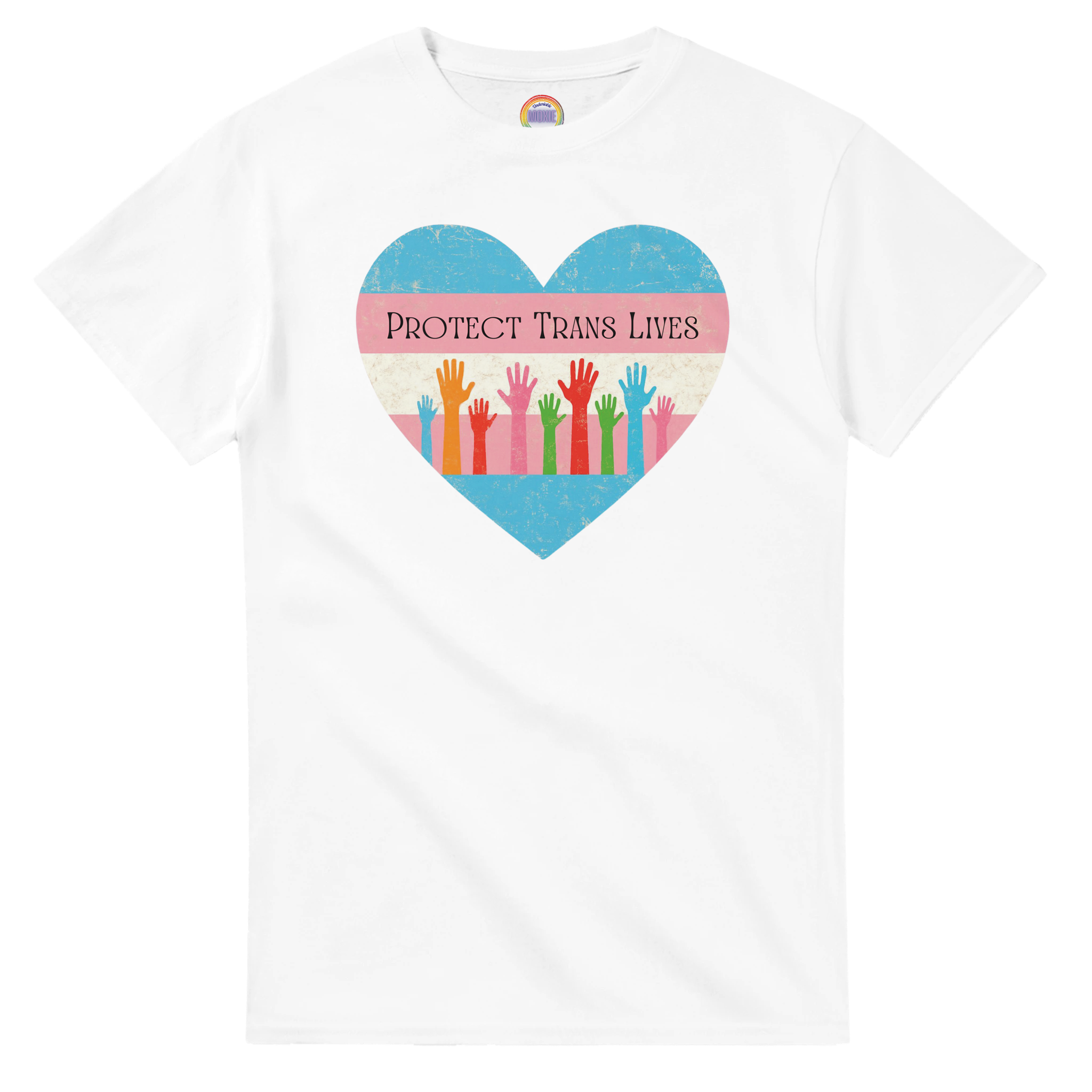 A graphic print on a white tee featuring a distressed heart design with the text 'PROTECT TRANS LIVES' and colorful raised hands in a transgender pride flag color scheme.
