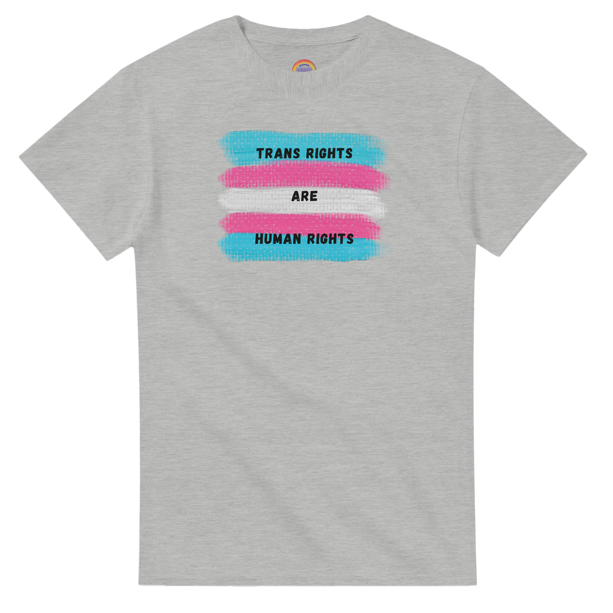 Ash colored tee featuring a printed graphic of swatches of the transgender pride flag with the text "Trans Rights are Human Rights" in black capital letters.  