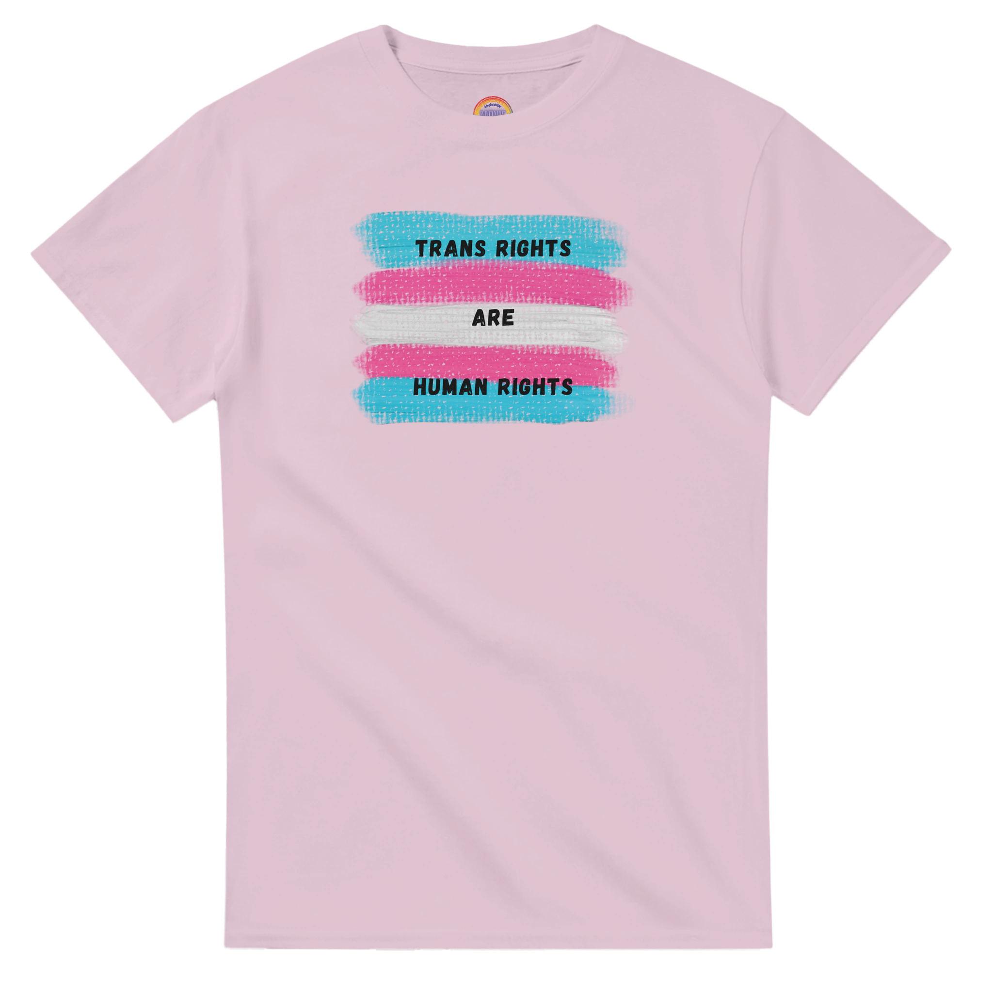 Light Pink t-shirt featuring a printed graphic of the transgender pride flag with the text 'TRANS RIGHTS ARE HUMAN RIGHTS' in black capital letters. The back ground is swatches showing trans flag colors.