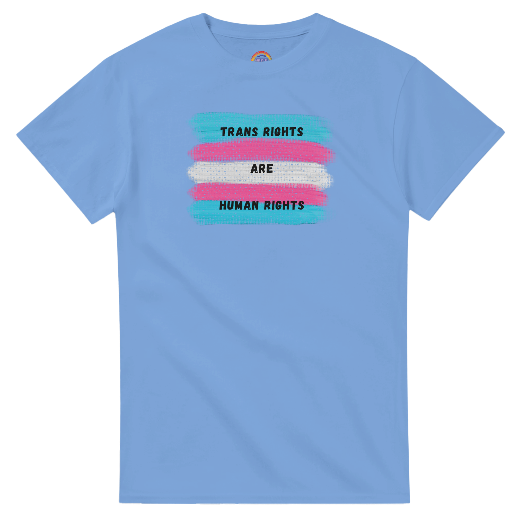 Back of Carolina Blue t-shirt featuring a distressed, textured graphic of the transgender pride flag with black text listing various rights and protections.