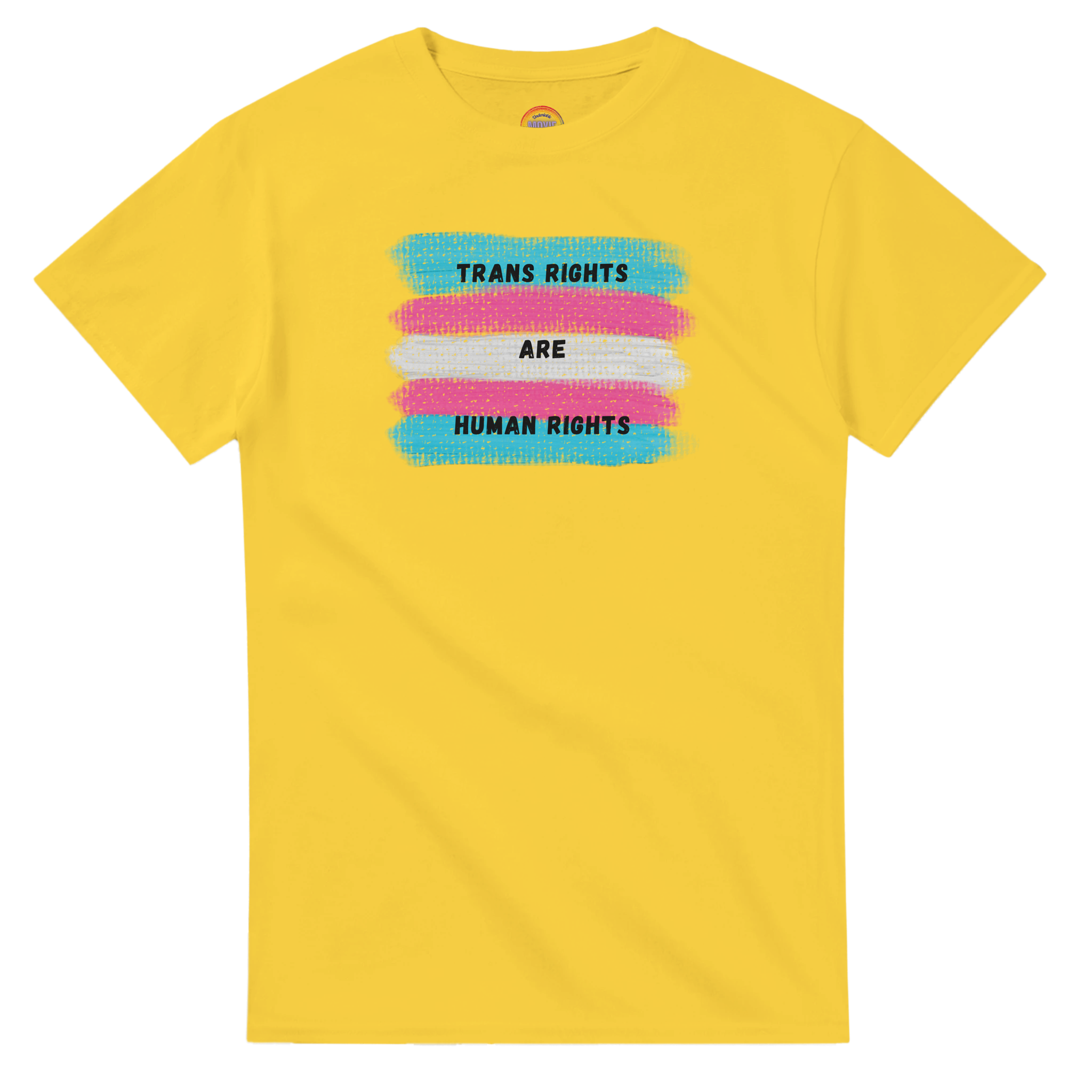 Daisy yellow tee featuring a printed graphic of the transgender pride flag with the text 'TRANS RIGHTS ARE HUMAN RIGHTS' in black capital letters. The back ground is swatches showing trans flag colors.