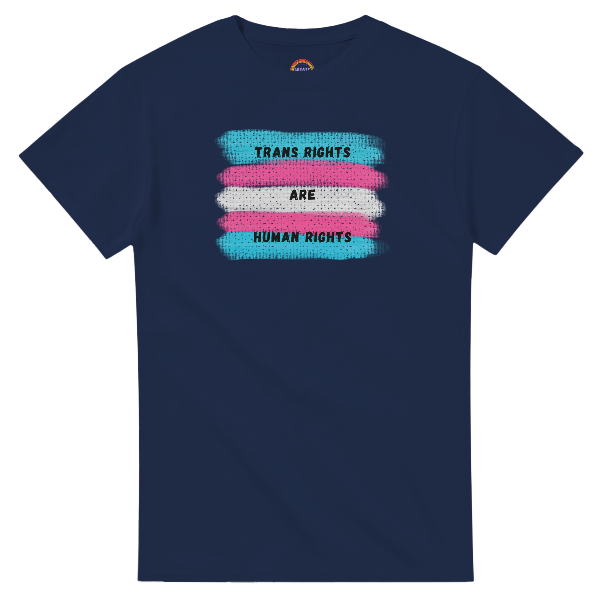Navy tee featuring a printed graphic of swatches of the transgender pride flag with the text "Trans Rights are Human Rights" in black capital letters.  
