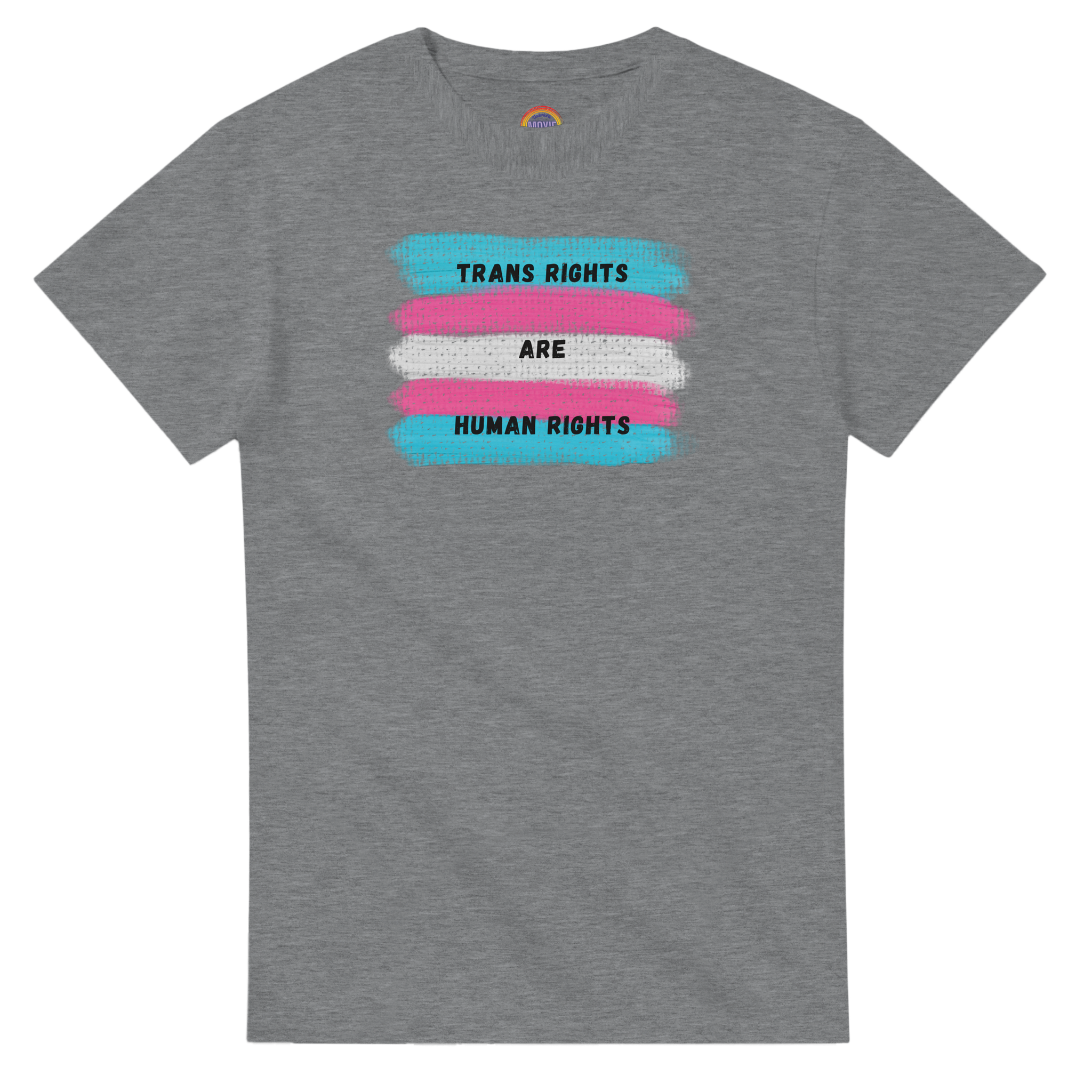 Sport Grey t-shirt featuring a printed graphic of the transgender pride flag with the text 'TRANS RIGHTS ARE HUMAN RIGHTS' in black capital letters. The back ground is swatches showing trans flag colors.