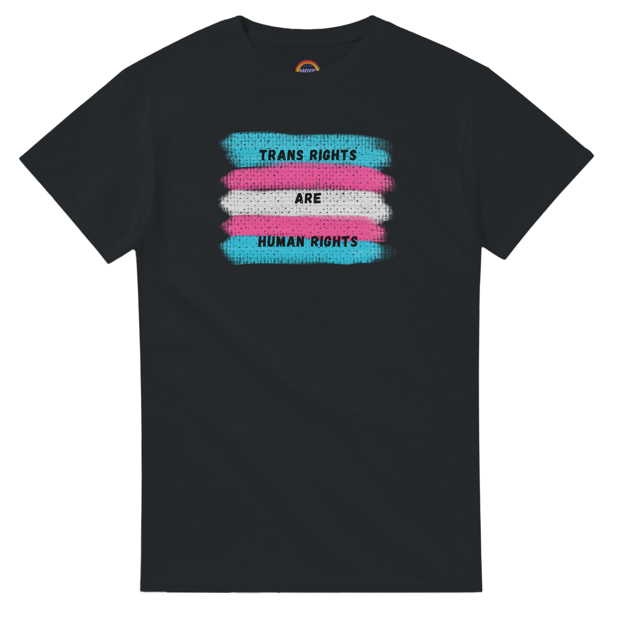 Black t-shirt featuring a printed graphic of the transgender pride flag with the text 'TRANS RIGHTS ARE HUMAN RIGHTS' in black capital letters. The back ground is swatches showing trans flag colors.
