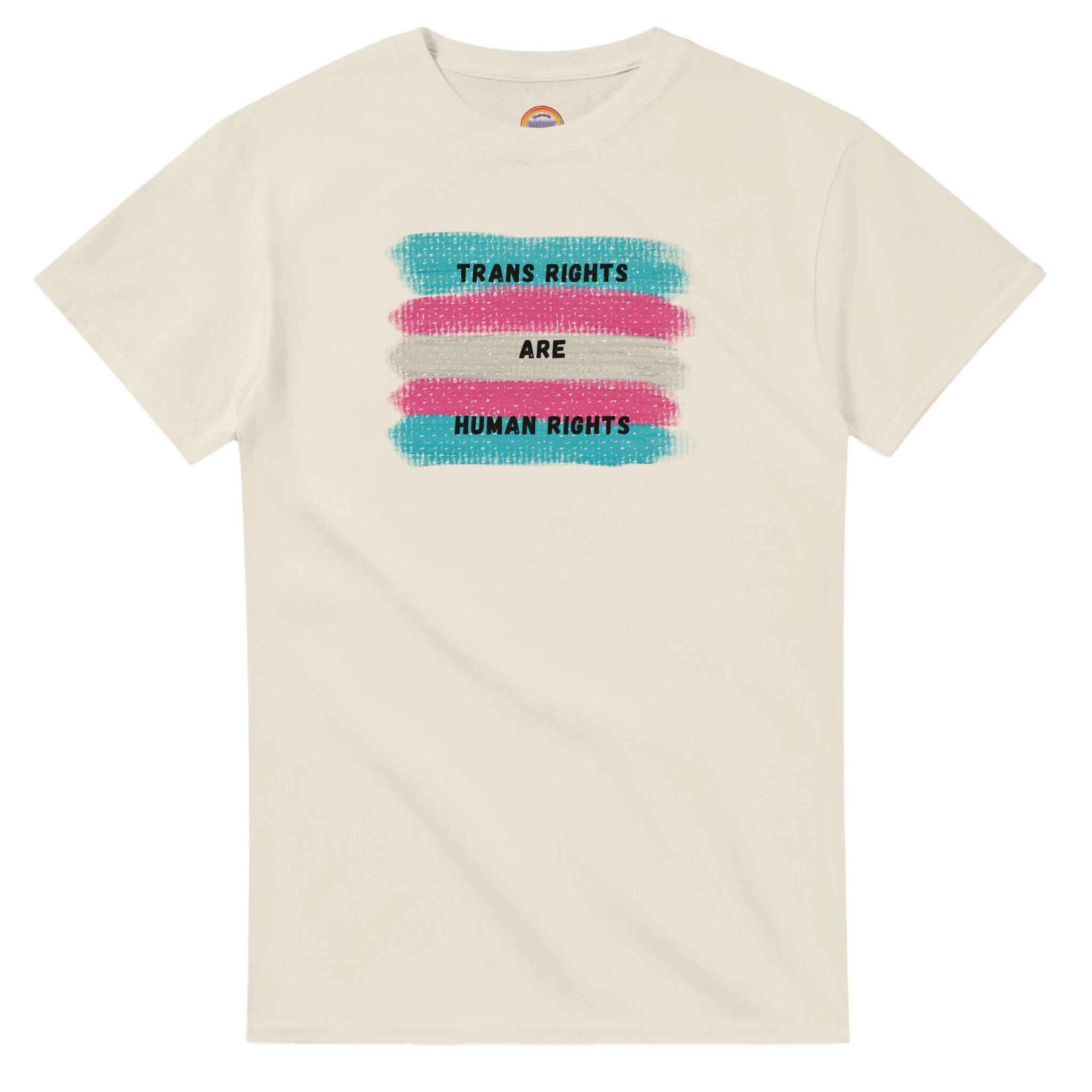 Natural beige tee featuring a printed graphic of swatches of the transgender pride flag with the text "Trans Rights are Human Rights" in black capital letters.  