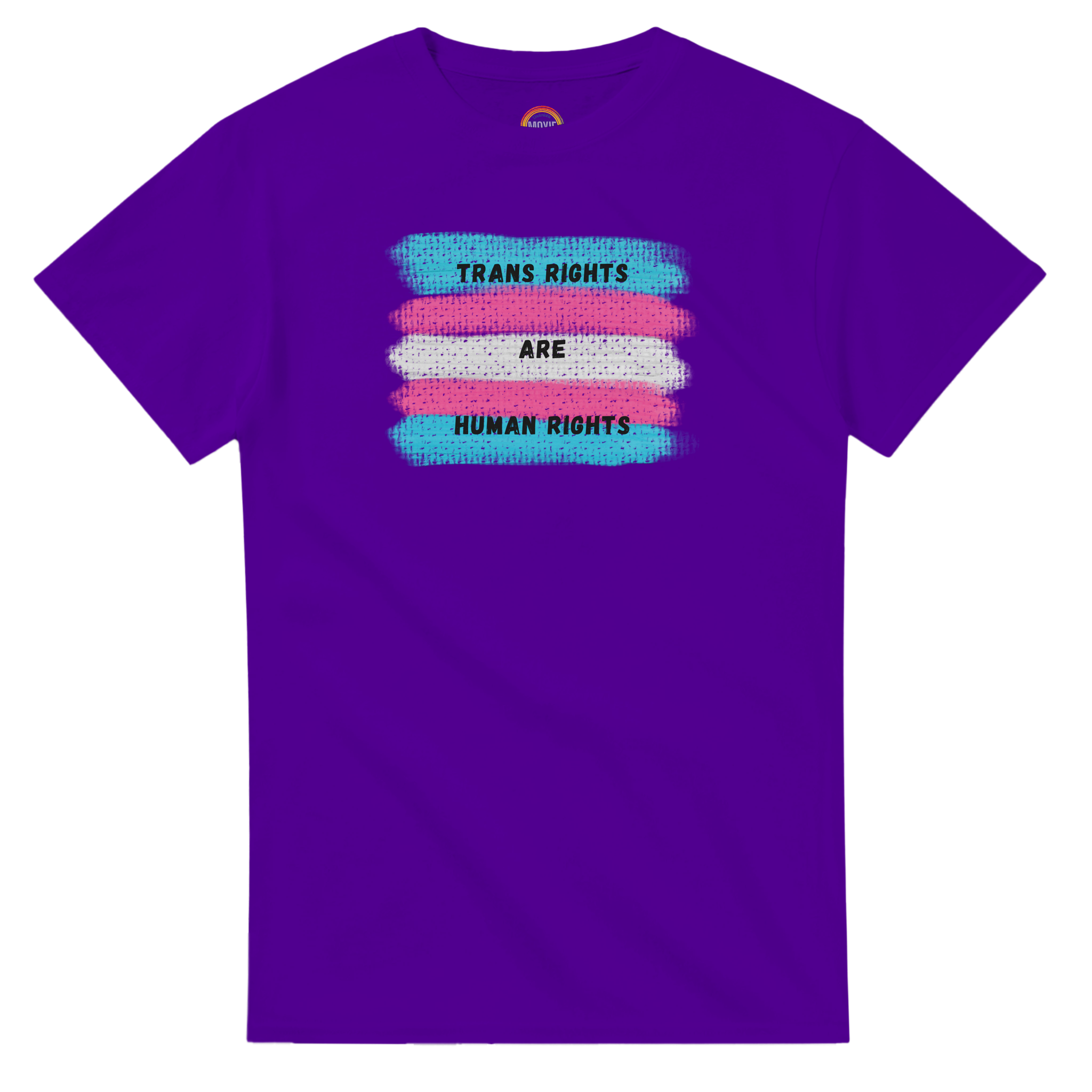 Purple tee featuring a printed graphic of swatches of the transgender pride flag with the text "Trans Rights are Human Rights" in black capital letters.  