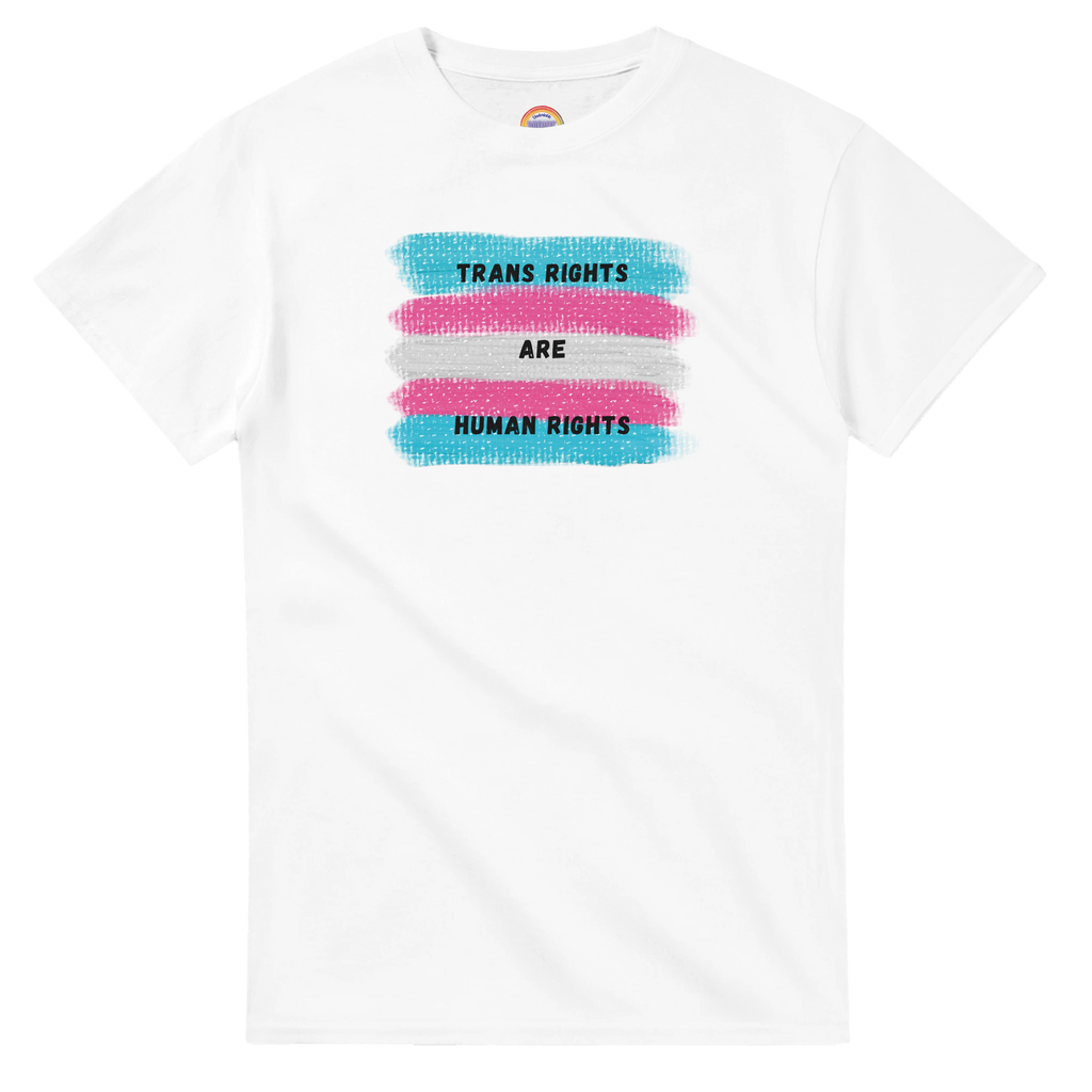White tee featuring a printed graphic of swatches of the transgender pride flag with the text "Trans Rights are Human Rights" in black capital letters.  