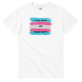 White tee featuring a printed graphic of swatches of the transgender pride flag with the text "Trans Rights are Human Rights" in black capital letters.  