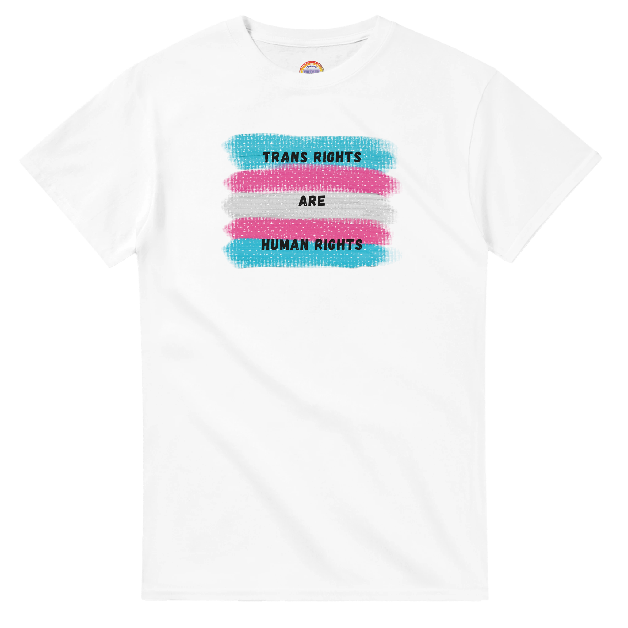 White tee featuring a printed graphic of swatches of the transgender pride flag with the text "Trans Rights are Human Rights" in black capital letters.  