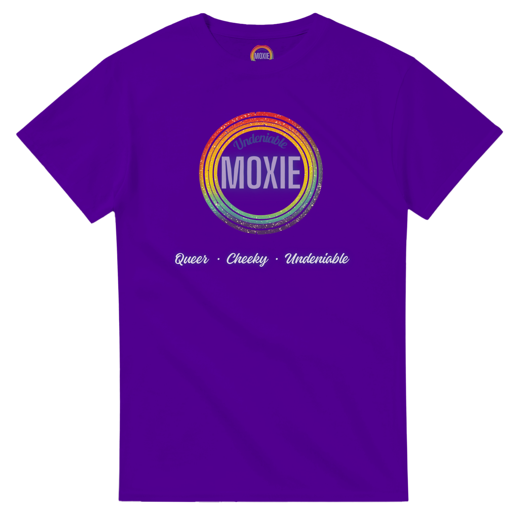 Graphic print on a purple t-shirt featuring a circular rainbow design with the text 'Undeniable MOXIE' and 'Queer • Cheeky • Undeniable' written below in a stylized font.