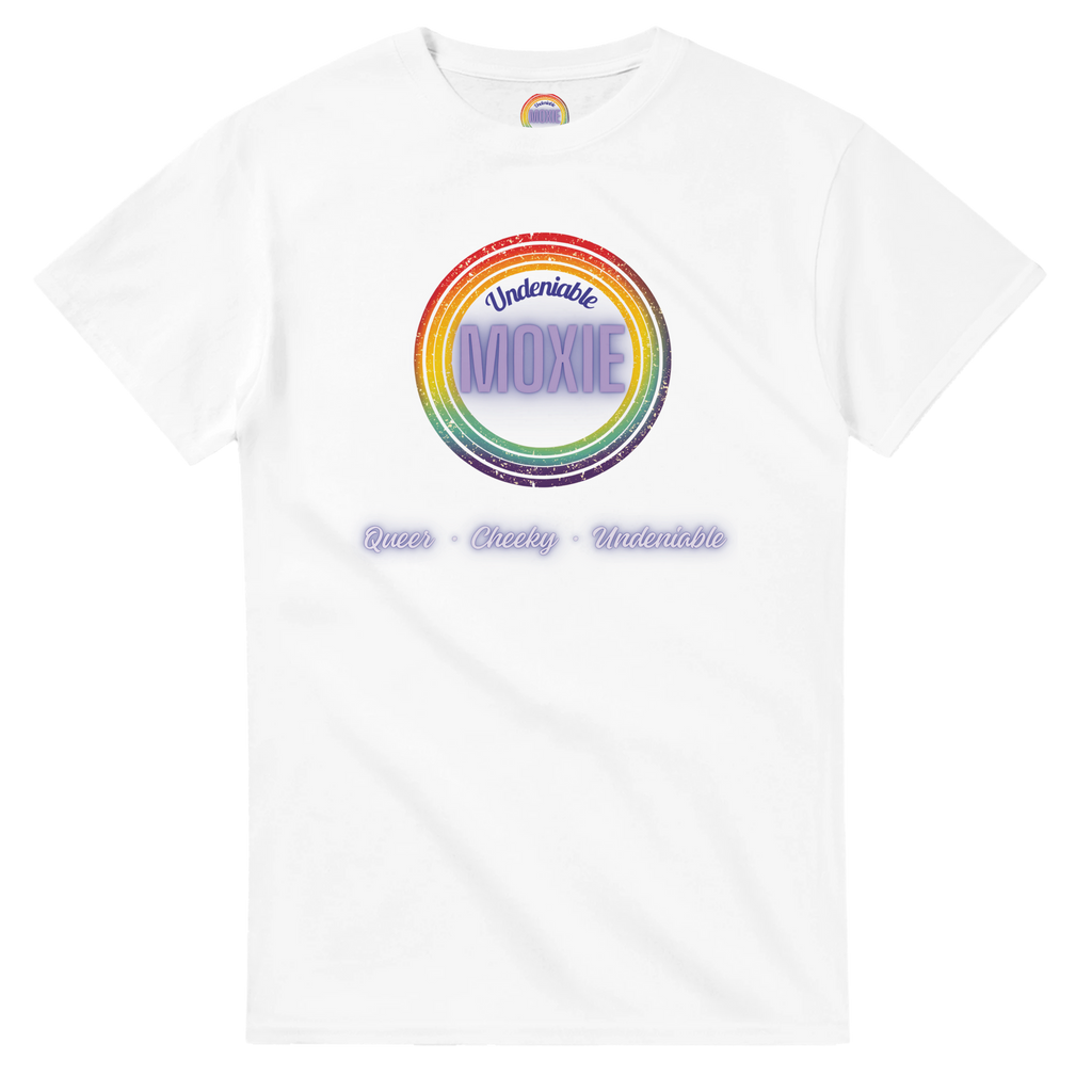 Graphic print on a white t-shirt featuring a circular rainbow design with the text 'Undeniable MOXIE' and 'Queer • Cheeky • Undeniable' written below in a stylized font.