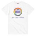Graphic print on a white t-shirt featuring a circular rainbow design with the text 'Undeniable MOXIE' and 'Queer • Cheeky • Undeniable' written below in a stylized font.