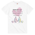 A white short-sleeve crewneck t-shirt featuring a watercolor-style graphic of two male presenting figures holding hands, surrounded by pink and yellow hearts, with the text 'Visibility Saves lives' and 'Every Person Living Openly Makes the world safer for Someone not yet out'.
