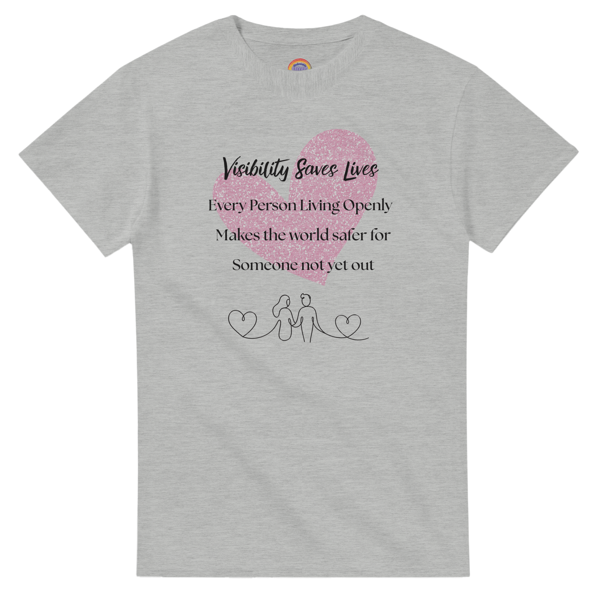 Ash colored crewneck tee with a watercolor-style graphic heart on the front. The shirt reads 'Visibility Saves Lives' and 'Every Person Living Openly Makes the world safer for Someone not yet out' with a line drawing graphic of 2 female presenting figures holding hands and hearts.