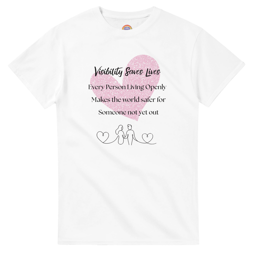 White crewneck tee with a watercolor-style graphic heart on the front. The shirt reads 'Visibility Saves Lives' and 'Every Person Living Openly Makes the world safer for Someone not yet out' with a line drawing graphic of 2 female presenting figures holding hands and hearts.