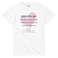 White crewneck tee with a watercolor-style graphic heart on the front. The shirt reads 'Visibility Saves Lives' and 'Every Person Living Openly Makes the world safer for Someone not yet out' with a line drawing graphic of 2 female presenting figures holding hands and hearts.